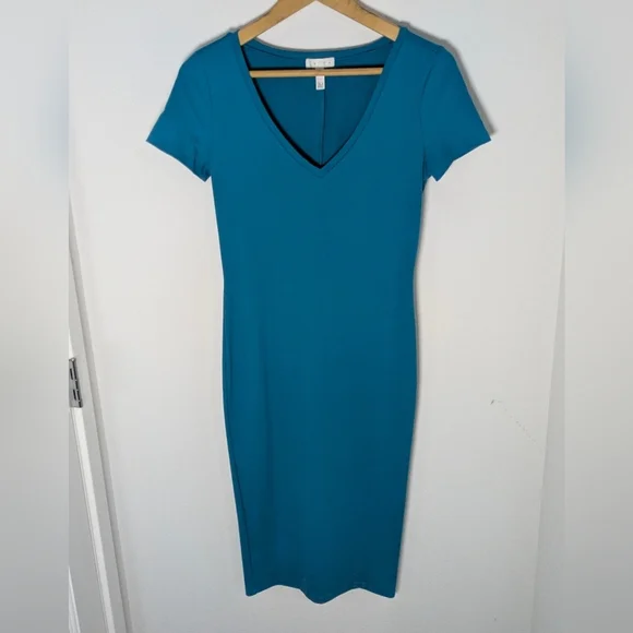 Leith New Teal Bodycon Midi Dress Stretchy V-neck Size S Short Sleeve Preppy - Picture 1 of 7